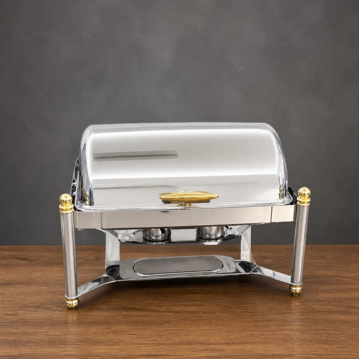 Silver Roman-Column Chafer with Gold Accents and Solid Lid