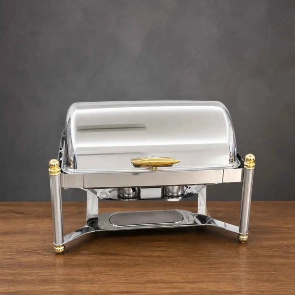 Silver Roman-Column Chafer with Gold Accents and Solid Lid