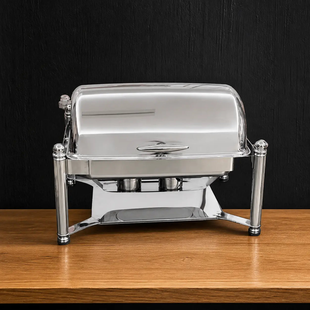 Silver Roman-Column Rectangular Chafer with Solid Roll-Top Lid