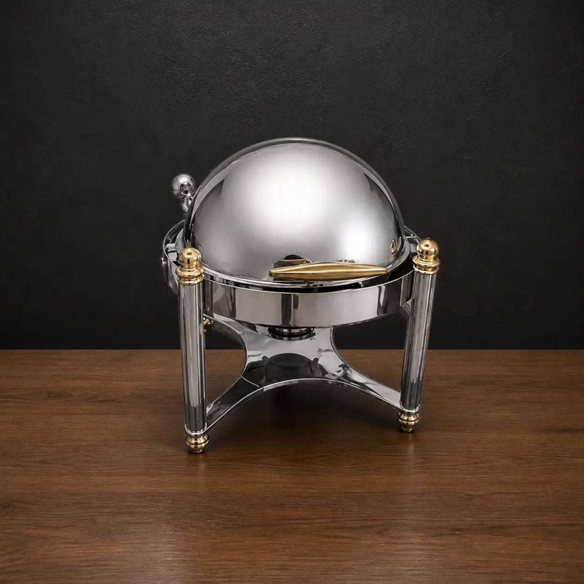 Silver Round Chafer with Gold Handle Accents and Solid Lid - HUFA Kitchenware