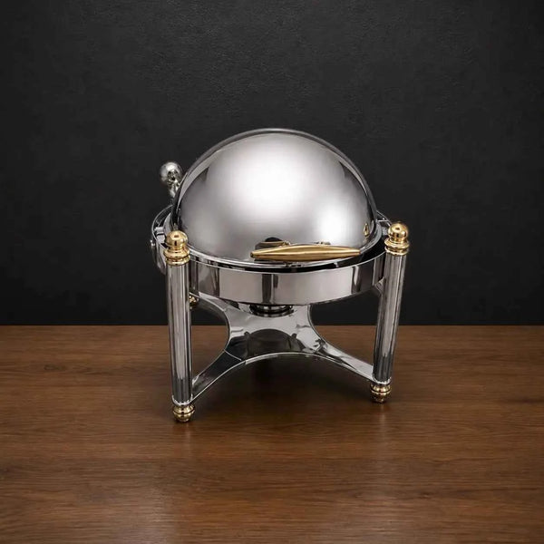 Silver Round Chafer with Gold Handle Accents and Solid Lid
