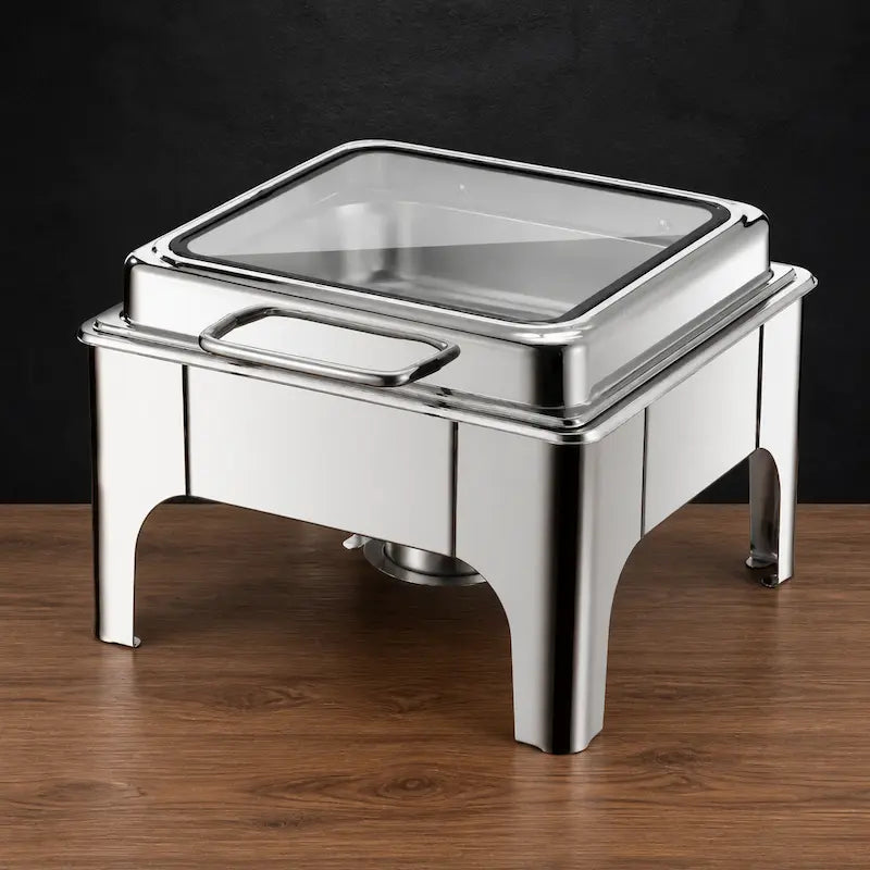 Silver Square High-Leg Chafer with Slow-Close Viewing Lid