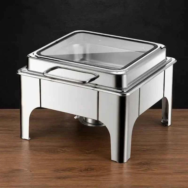 Silver Square High-Leg Chafer with Slow-Close Viewing Lid