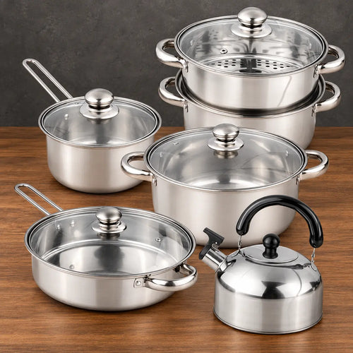 11-piece stainless steel pot, steamer, frying pan and kettle set
