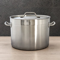 Straight-rim stainless steel stock pot with lid and side handles