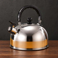 Polished silver 3L thick whistling kettle with a black arched handle, fitted lid, and capped angled spout
