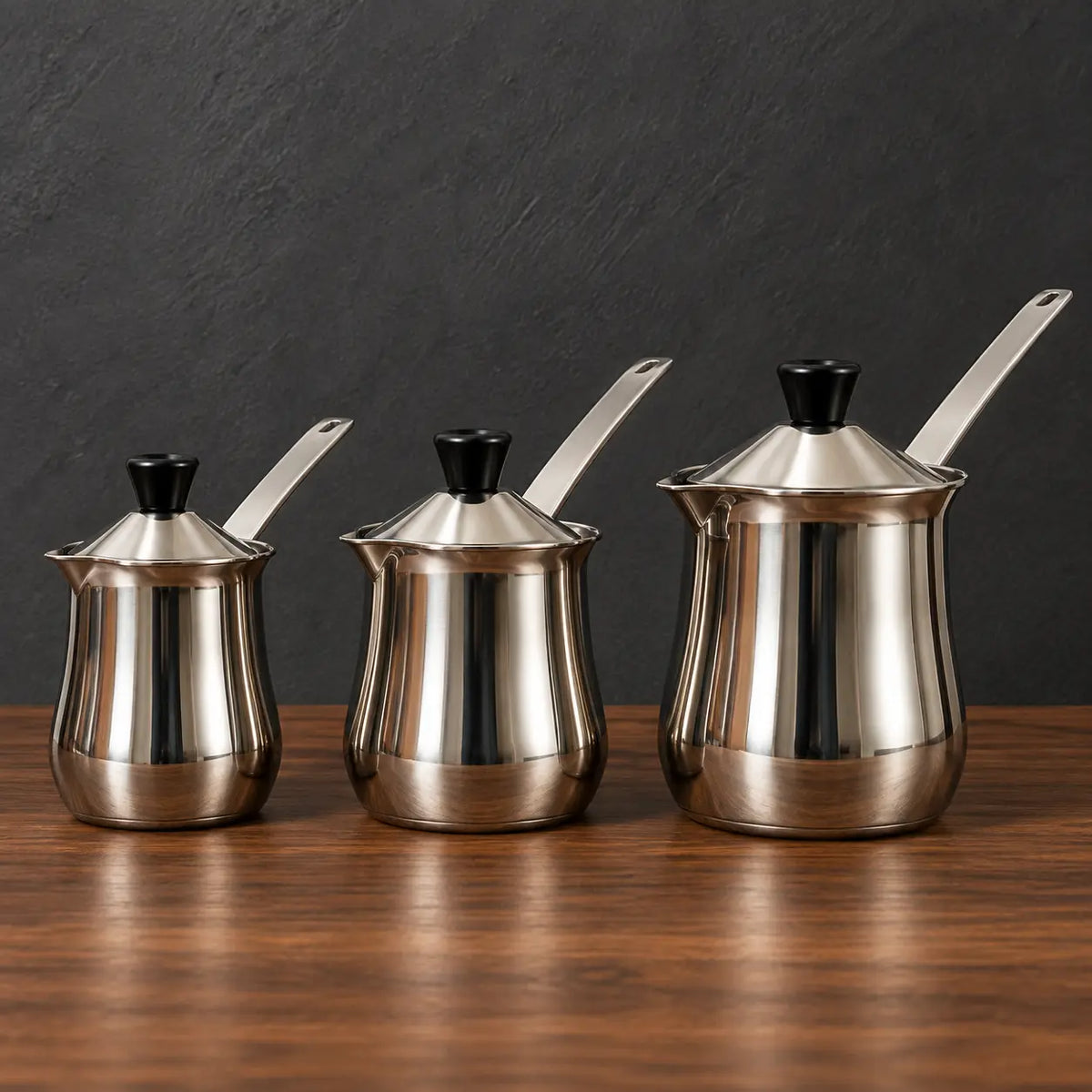 Three polished stainless steel milk cups with fitted lids and metal handles