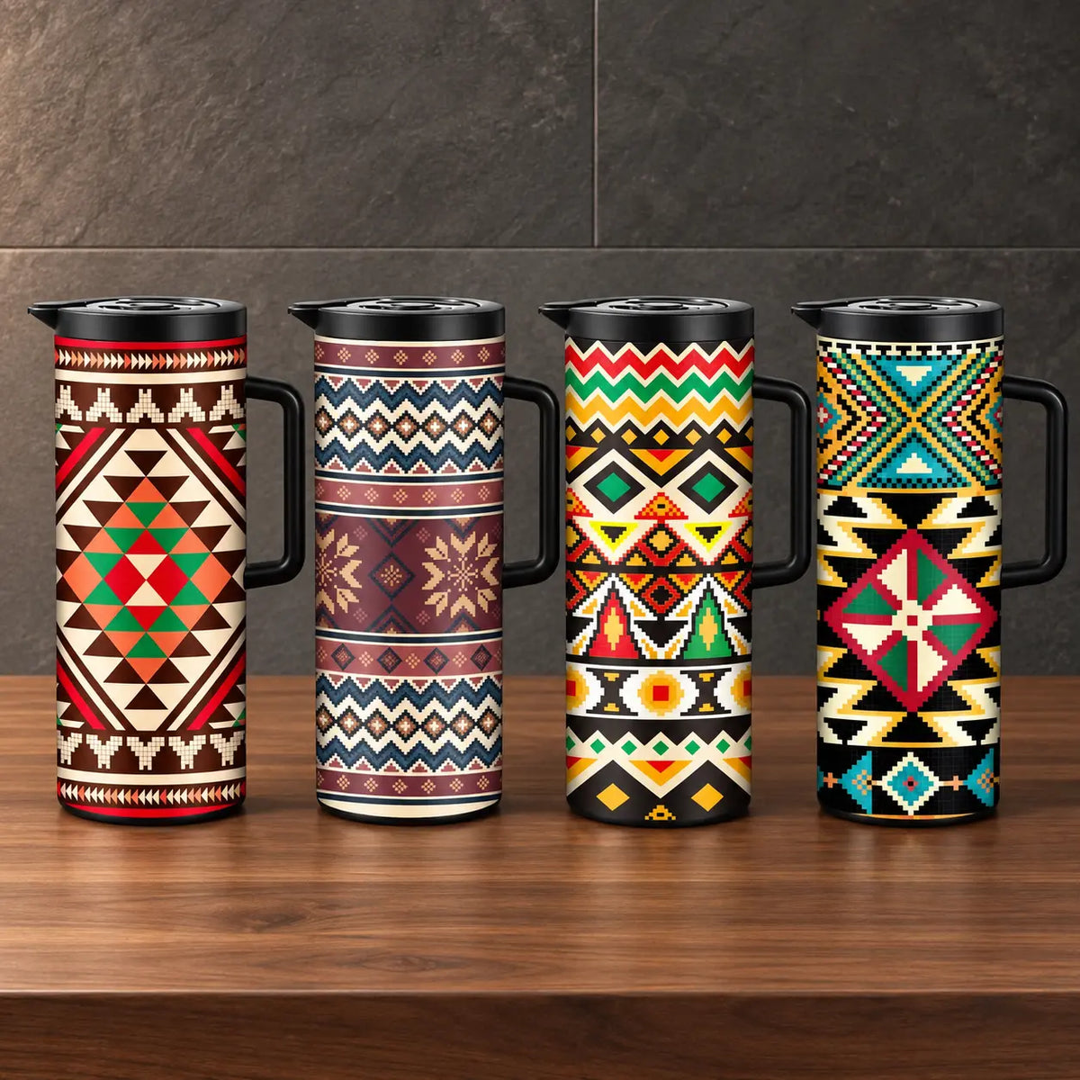 Four one-liter iron-shell thermos bottles with bold tribal geometric prints, fitted lids, and side handles