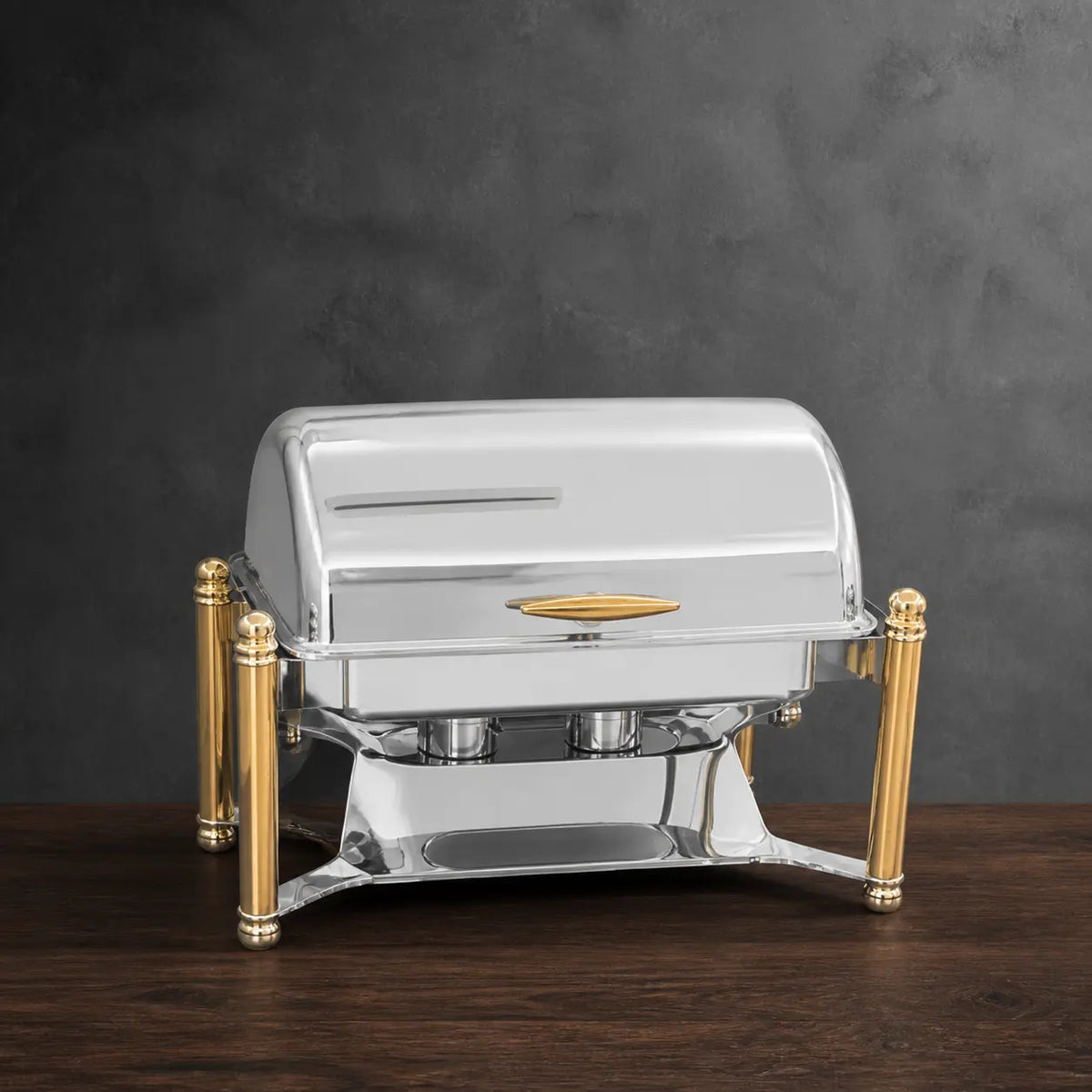 Two-Tone Roman-Column Rectangular Chafer with Solid Roll-Top Lid
