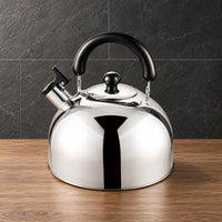Silver Type A thickened flat-bottom kettle with a rounded body, black arched handle, fitted lid, and angled spout