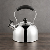 Polished silver Type AB 3L flat-bottom kettle with a black arched grip, fitted lid, and whistle spout