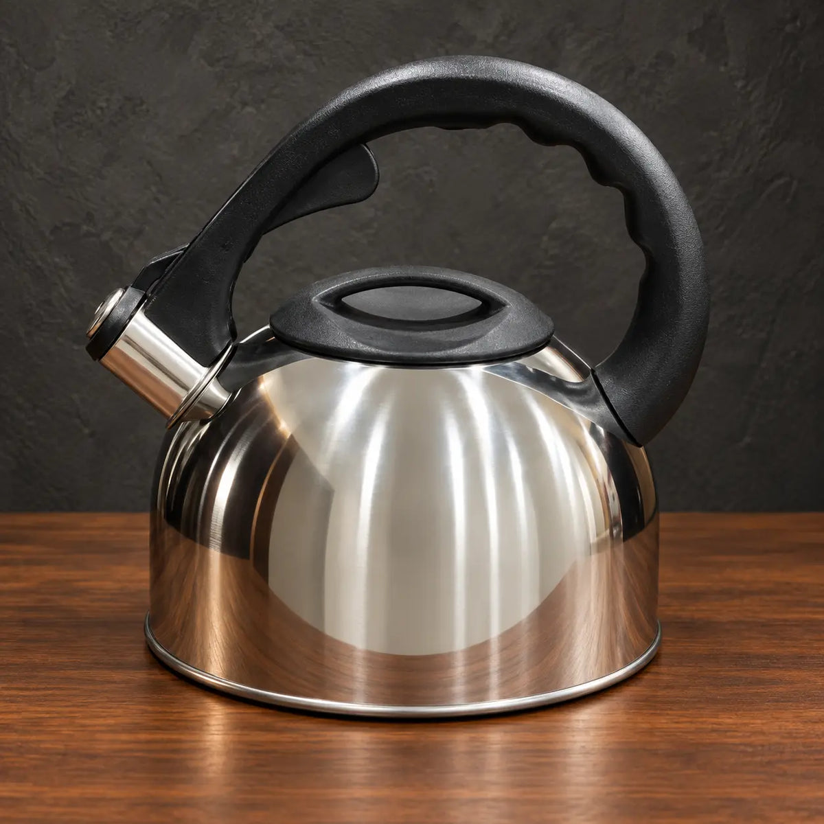 Reflective silver Type B 3L wide-mouth kettle with a broad black handle, fitted lid, and angled whistle spout