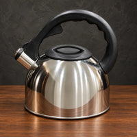 Reflective silver Type B 3L wide-mouth kettle with a broad black handle, fitted lid, and angled whistle spout