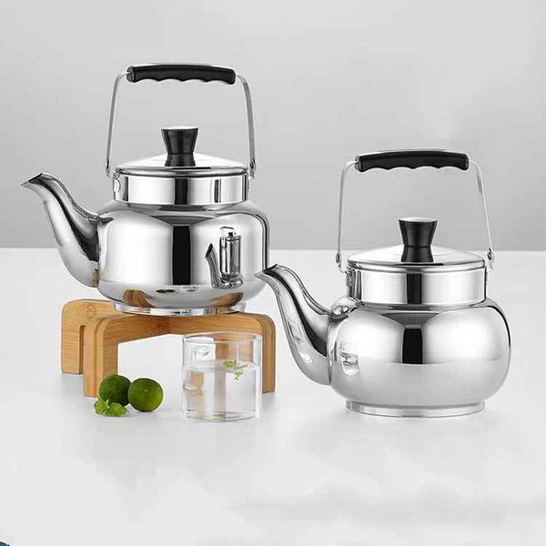1.5L stainless steel Arabic whistling kettle with a mirror-polished finish for hospitality tea and beverage service