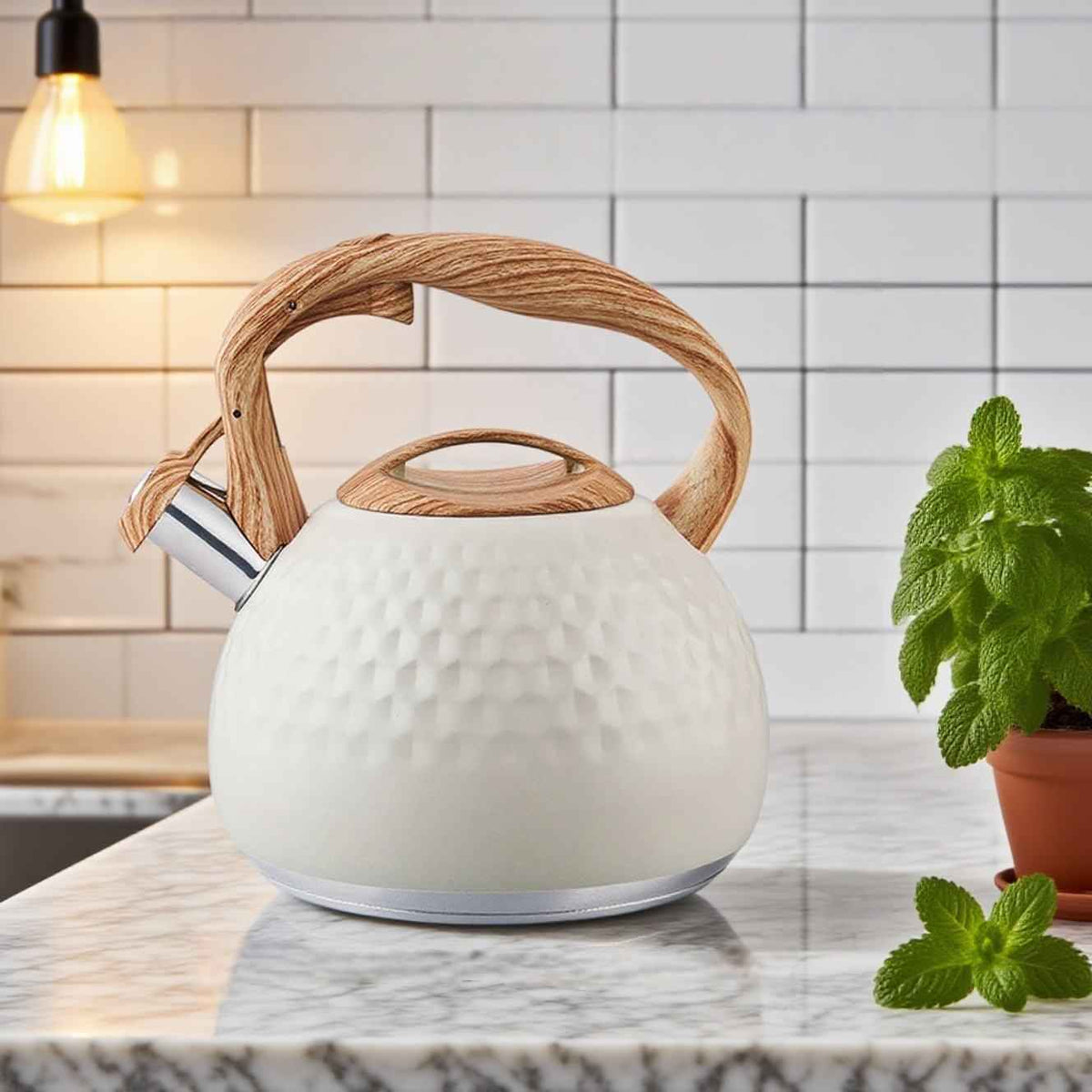 3L stainless steel whistling kettle with a polished finish and heat-resistant handle for hospitality and kitchen supply programs.