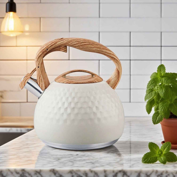 3L stainless steel whistling kettle with a polished finish and heat-resistant handle for hospitality and kitchen supply programs.