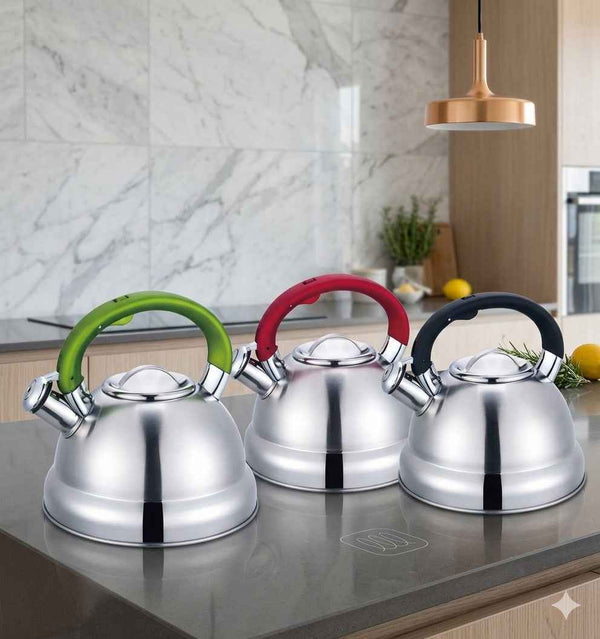 Colorful stainless steel whistling kettle with a mirror-polished body and capsule bottom for wholesale kitchenware programs.