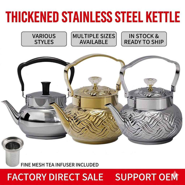Hammered stainless steel tea kettle with a mirror-polished finish and heat-resistant handle for wholesale kitchenware programs.