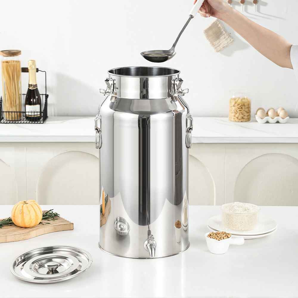 Stainless steel milk and wine transport can with locking snap lid, silicone gasket, and welded side handles for commercial use