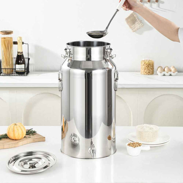 Stainless steel milk and wine transport can with locking snap lid, silicone gasket, and welded side handles for commercial use