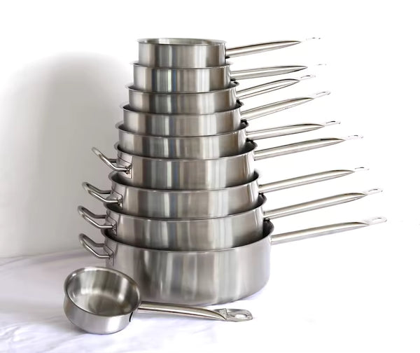 Stainless steel saucepan with a compound induction bottom and riveted single handle for restaurant and commercial kitchen use