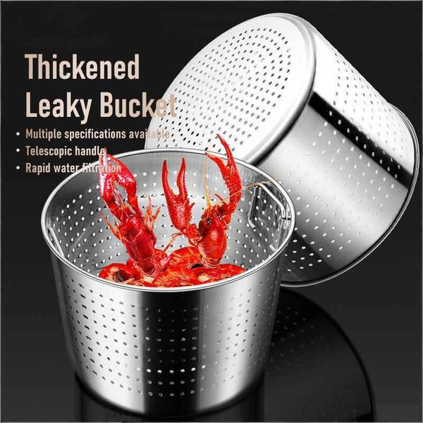 Stainless steel seafood boil pot with removable strainer basket, fitted lid, and reinforced handles for commercial kitchens