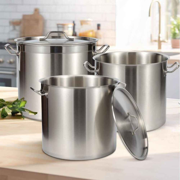 Commercial stainless steel stock pot with removable boiling basket and reinforced side handles for restaurant and catering kitchens