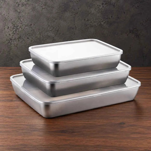 Low-Profile Three-Piece Rectangular Food Storage Set, 1,800–3,600 mL