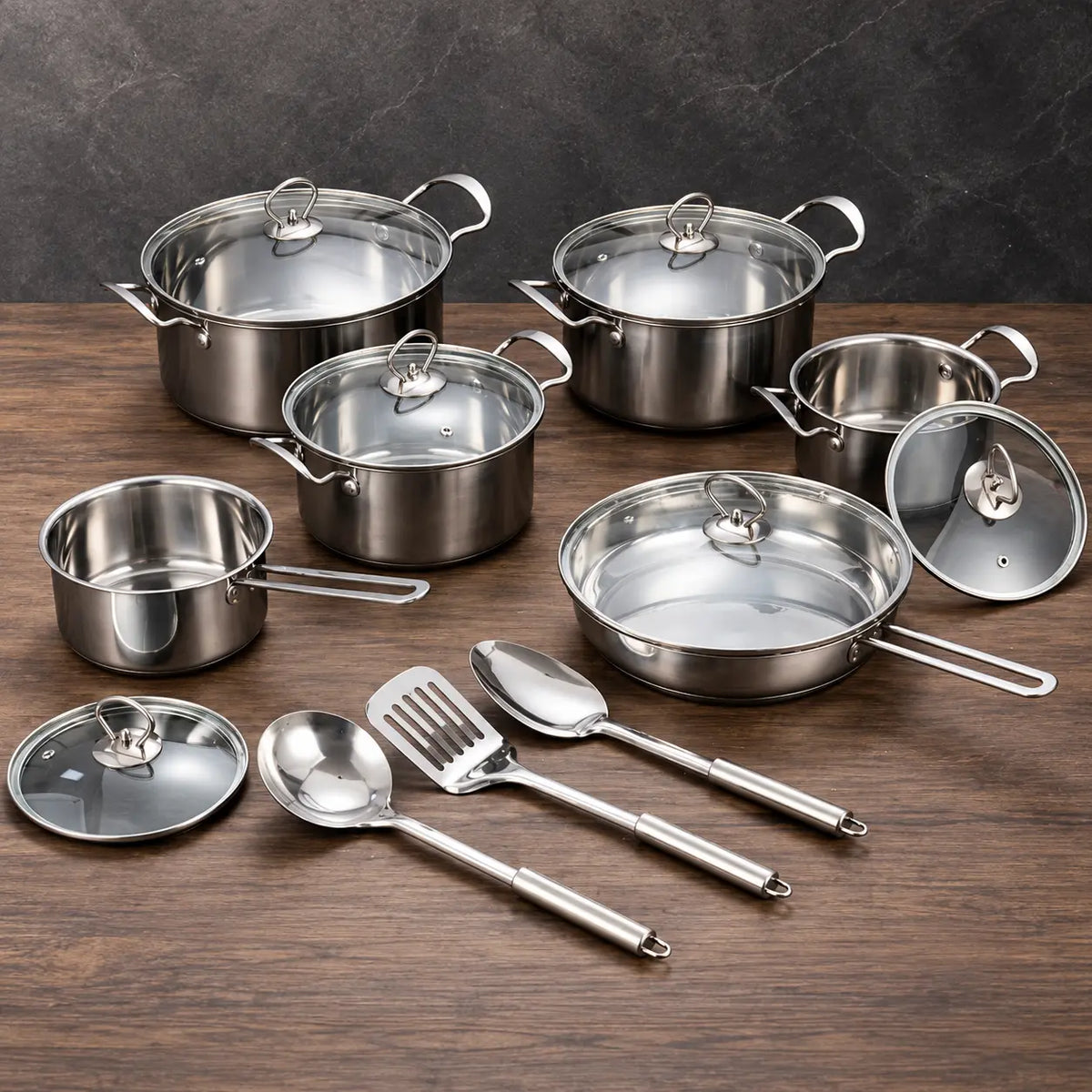 15-piece glass-lid magnetic cookware set with open wire handles