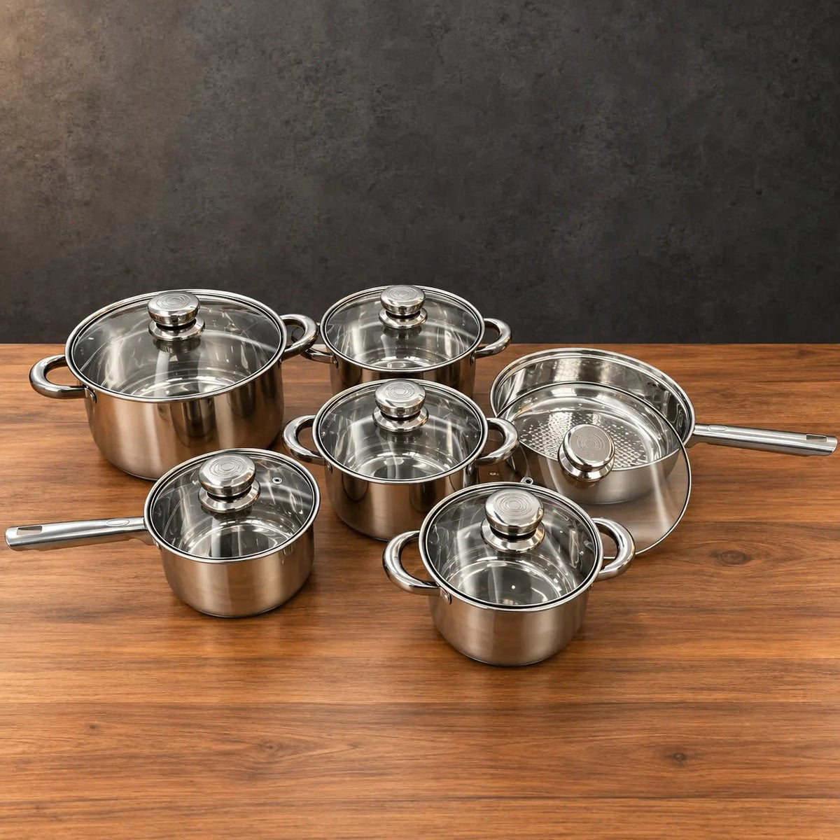 Wood-Grain Handle 12-Piece 410 Stainless Steel Cookware Set - HUFA Kitchenware