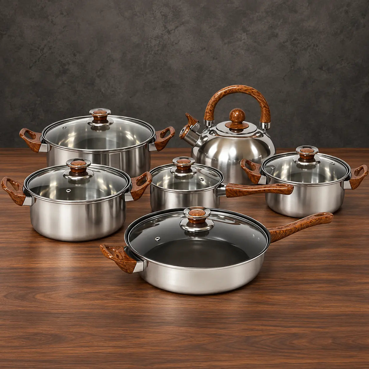 magnetic stainless steel cookware set with wood-grain handles and 3 L kettle